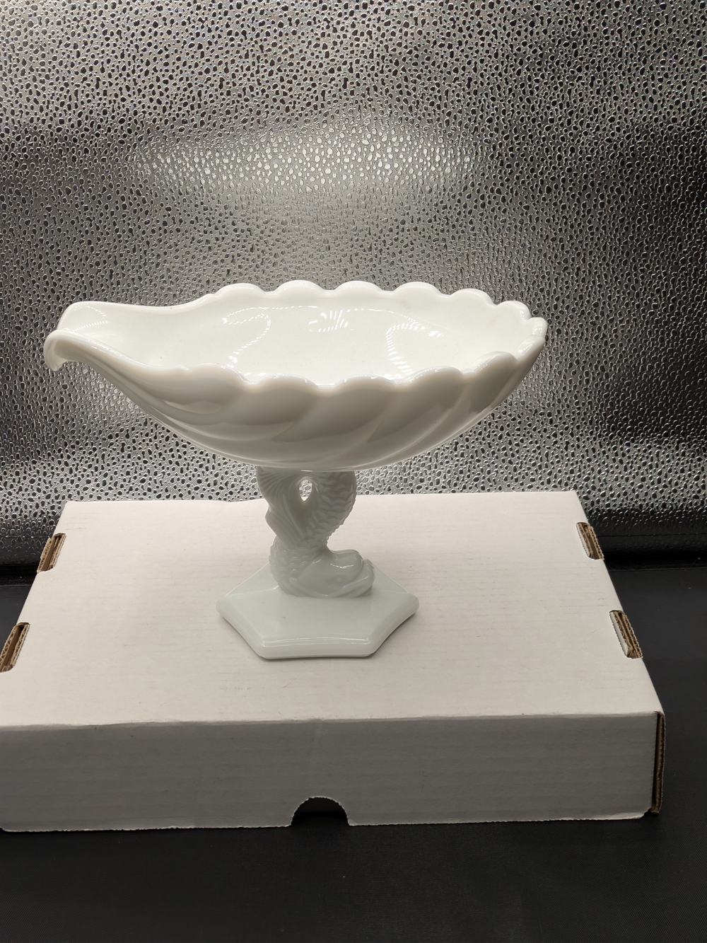 White Milk Glass Compote Pedestal Bowl With Dolphin Decor